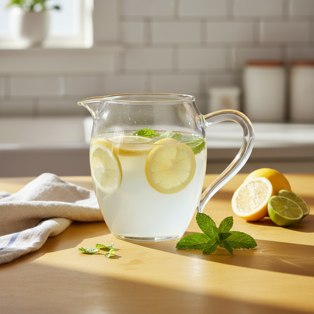 Clear glass pitcher filled with lemon and mint water on a mustard kitchen counter
