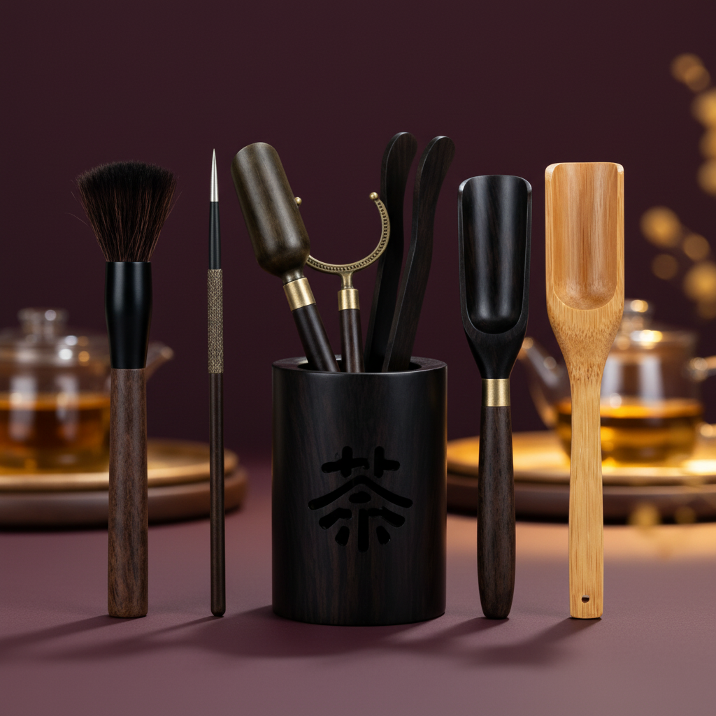 Black tea utensil holder and tea tools arranged against a plum tea room background