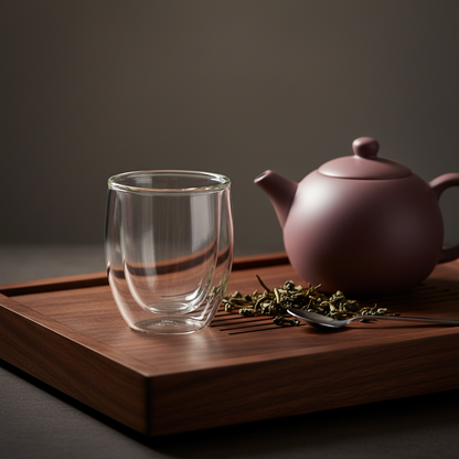 Clear double-wall glass tea cup on a dark walnut tray beside a plum teapot and loose tea