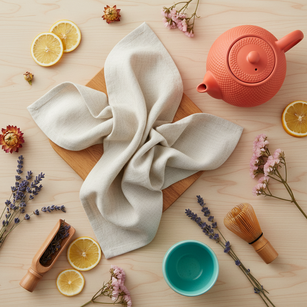Natural ivory linen tea towel styled with a coral teapot, turquoise cup, lemon and flowers