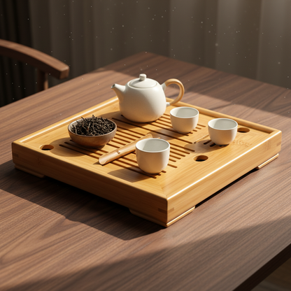 Large bamboo drainage tea tray arranged with teapot, white tea cups and loose tea on a walnut table