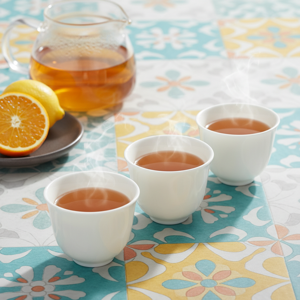 Three white handleless ceramic tea cups with a glass teapot on a colorful patterned table
