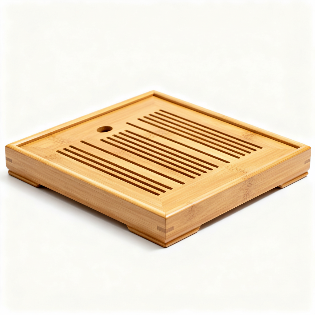 Large light bamboo tea tray with raised border, drainage slots, corner opening and elevated feet on a white background