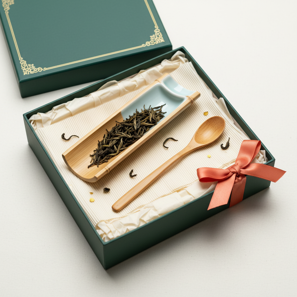 Bamboo tea scoop and long leaf tray with pale celadon insert in an elegant green gift box