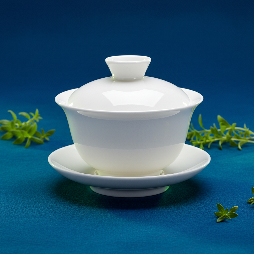 White lidded serving bowl and matching saucer on a cobalt blue surface with green herbs