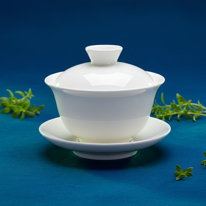 White lidded serving bowl and matching saucer on a cobalt blue surface with green herbs