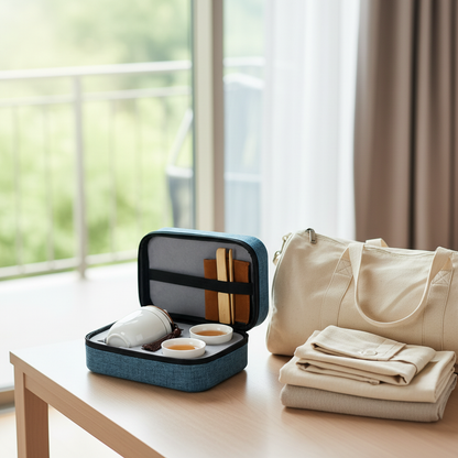 Blue portable tea travel set beside a canvas bag and folded linen in a bright weekend getaway scene