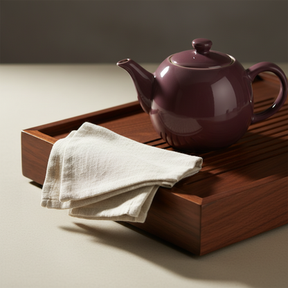 Natural ivory linen tea towel draped over a walnut tea tray beside a plum teapot