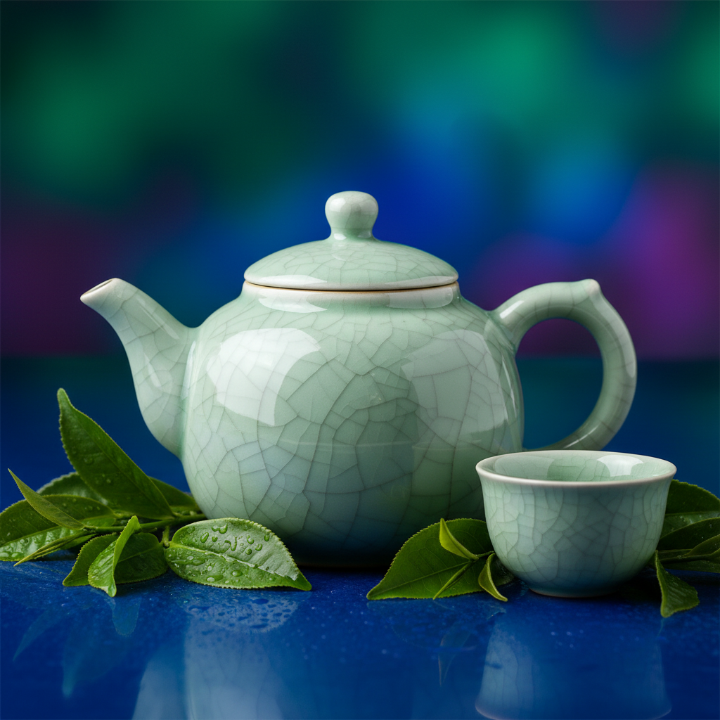 Pale sage green crackle-glaze teapot on a cobalt blue surface with tea leaves and a cup