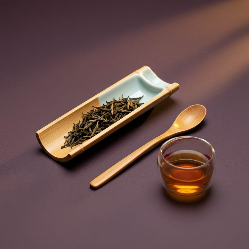 Bamboo tea scoop and leaf tray with green tea beside amber tea on a plum background