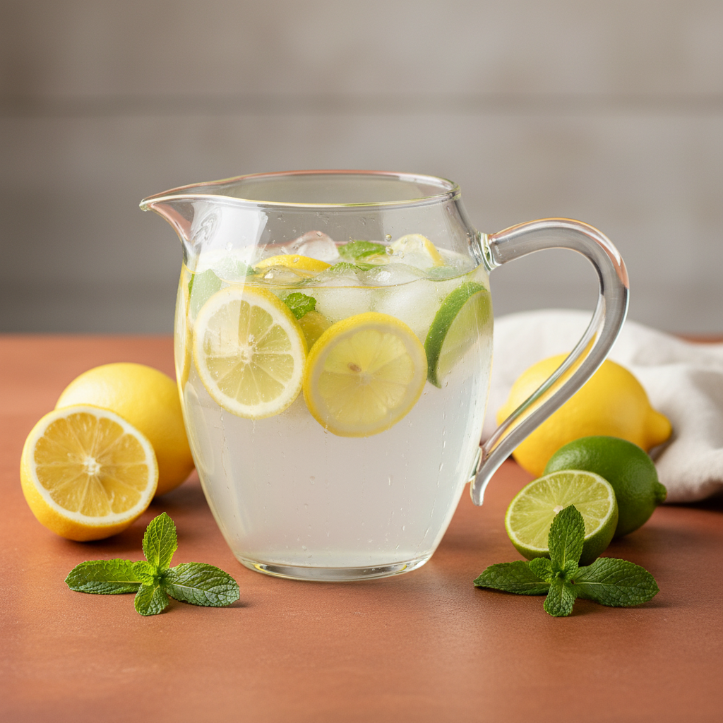 Clear glass pitcher filled with lemon, lime and mint water on a terracotta table