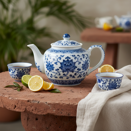 White and cobalt blue floral teapot on a terracotta tea table with matching cups and citrus