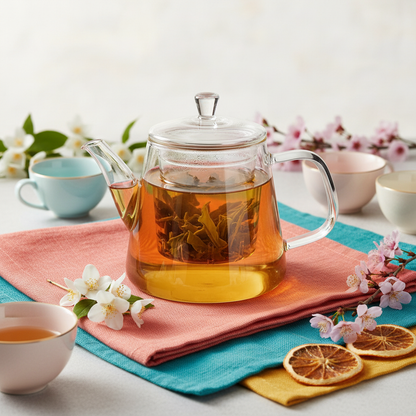 Clear glass infuser teapot with tea leaves on coral and turquoise linens with flowers