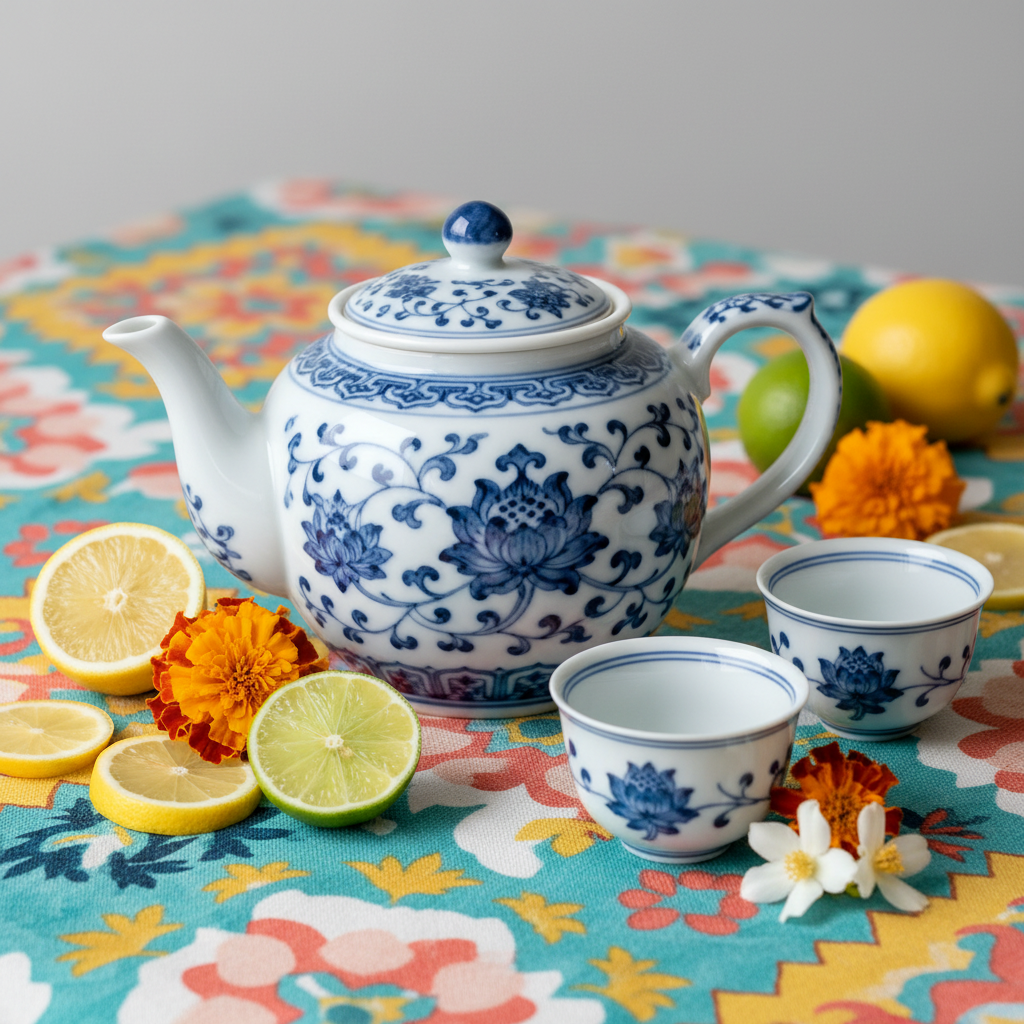 White and cobalt blue floral teapot on a colorful patterned tea table with citrus and flowers