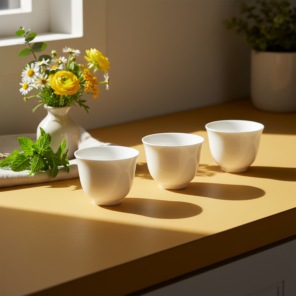 Three white handleless ceramic tea cups on a mustard kitchen counter with flowers and mint