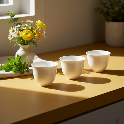 Three white handleless ceramic tea cups on a mustard kitchen counter with flowers and mint