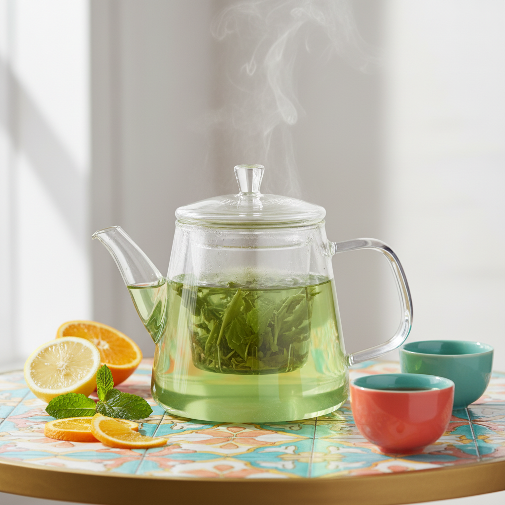 Clear glass infuser teapot with pale green tea on a colorful patterned tabletop with citrus