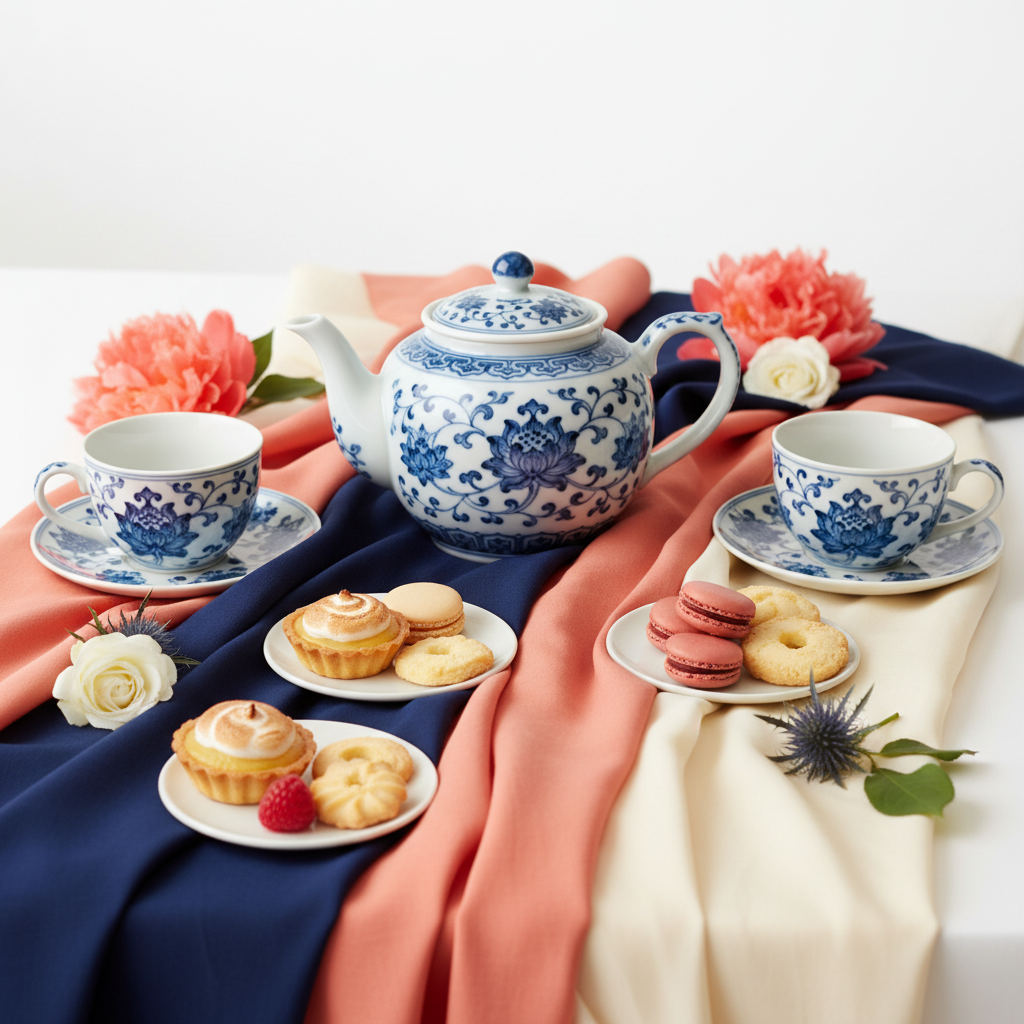 White ceramic teapot with cobalt floral pattern on coral, navy and cream linens with tea cups