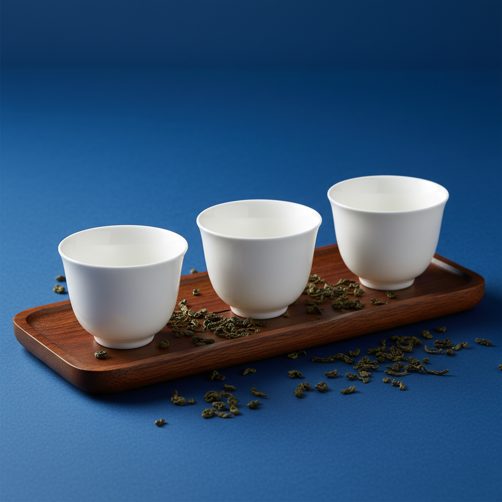 Three white handleless ceramic tea cups on a wooden tray against a cobalt blue background