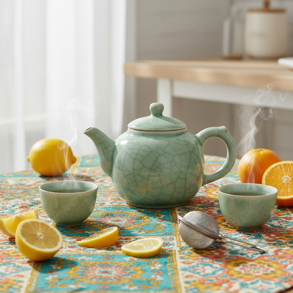 Pale sage green crackle-glaze teapot on a colorful patterned table with citrus and tea cups