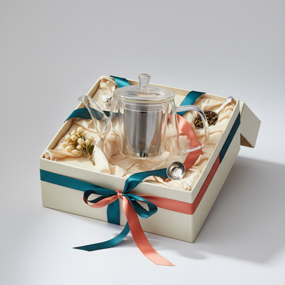 Clear glass infuser teapot presented in an elegant gift box with teal and coral ribbon