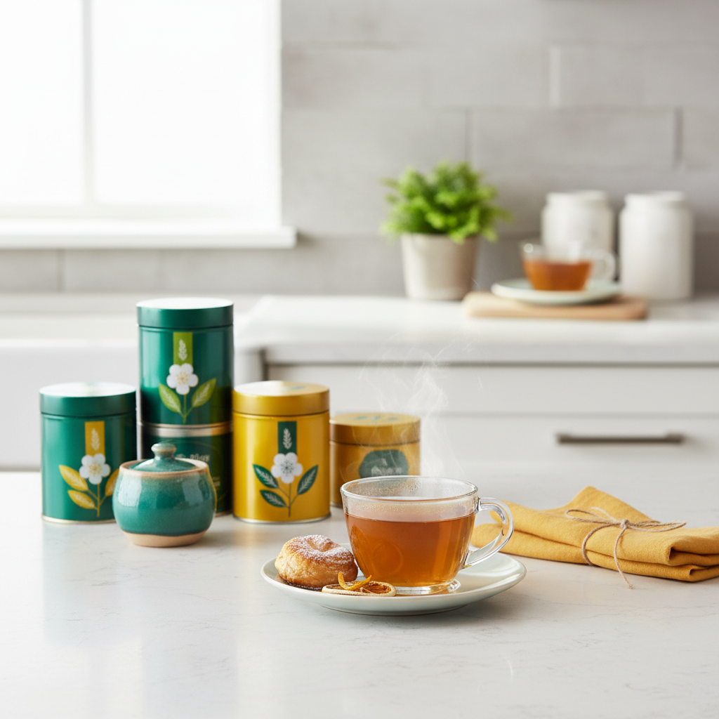 Pale celadon ceramic tea saucer with a glass cup, tea and pastry in a bright modern kitchen