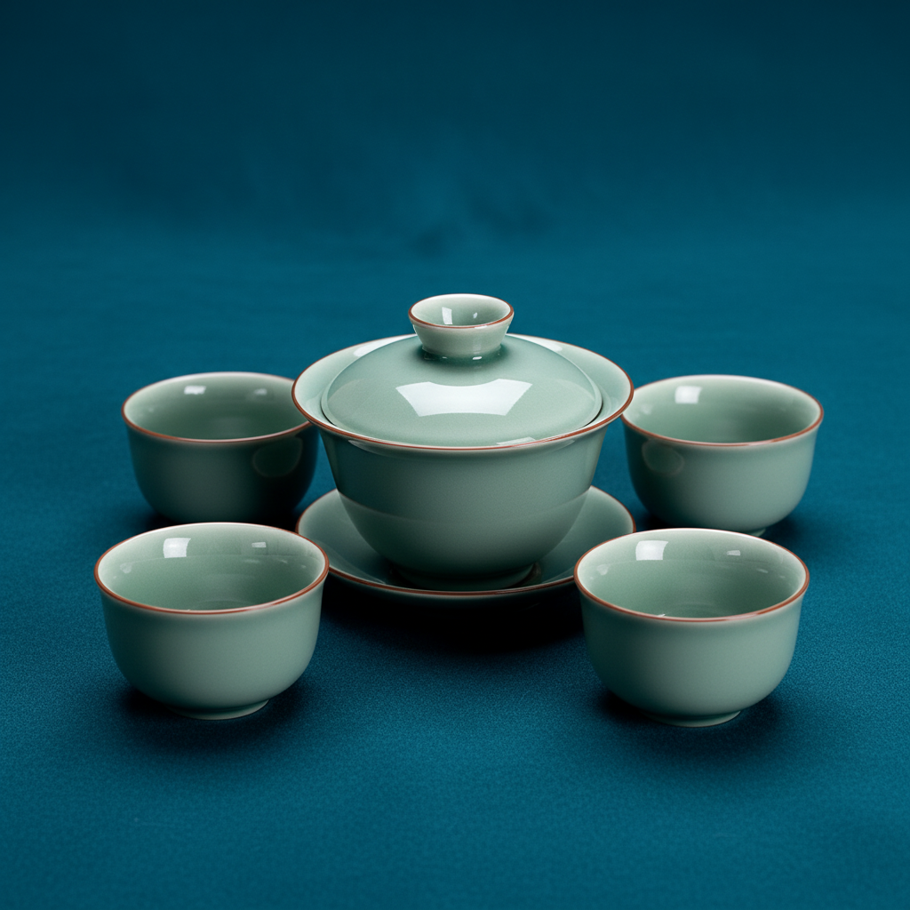 Close-up of a glossy pale celadon gaiwan and four matching tasting cups on a deep teal background