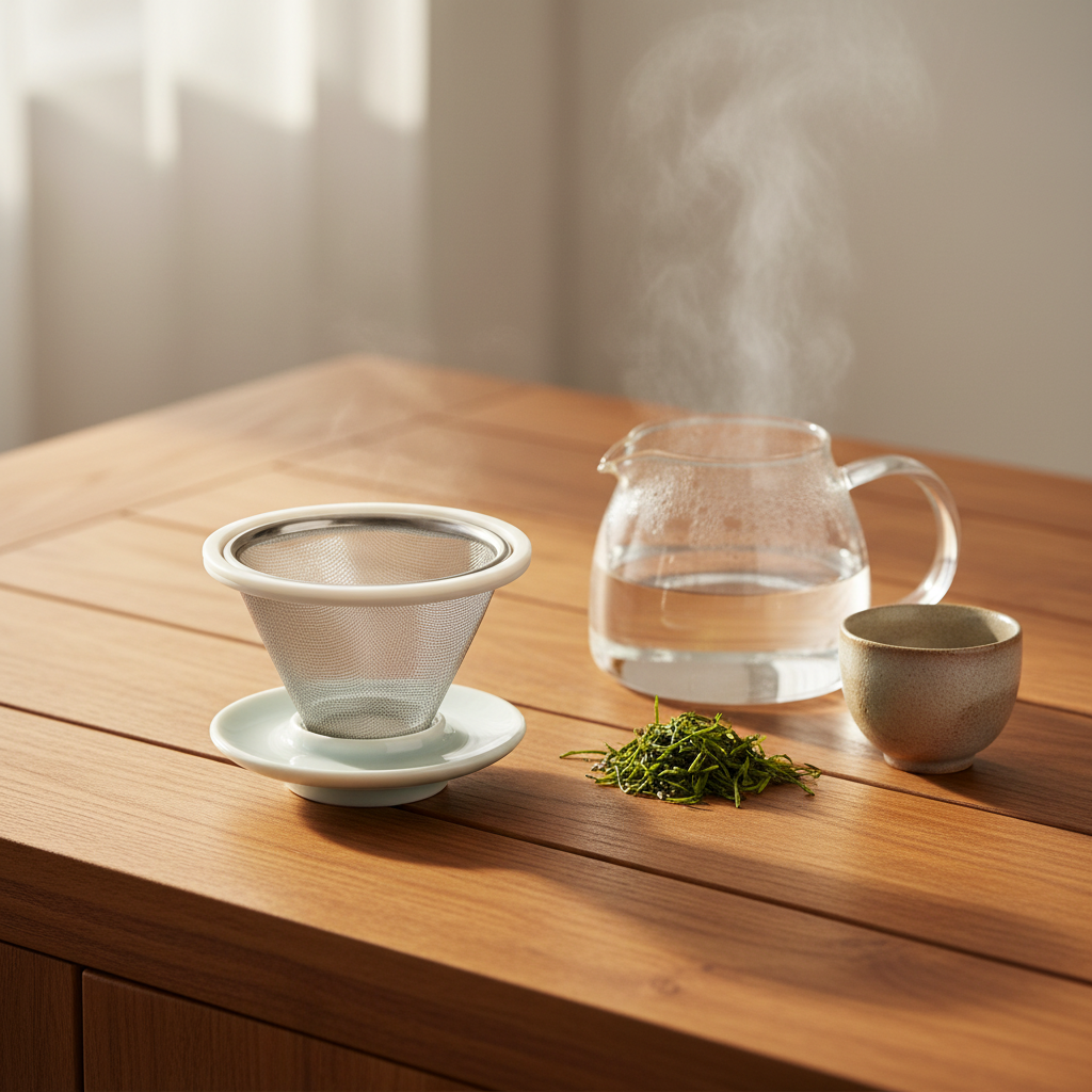 White ceramic tea infuser beside a glass teapot, loose green tea and a cup on a wooden tea table