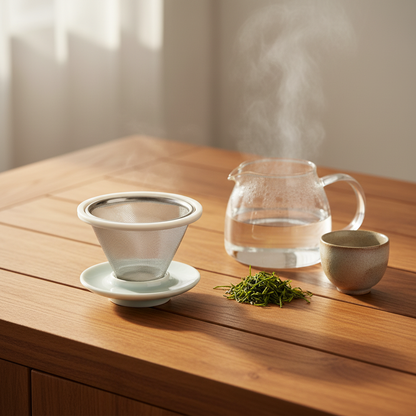 White ceramic tea infuser beside a glass teapot, loose green tea and a cup on a wooden tea table