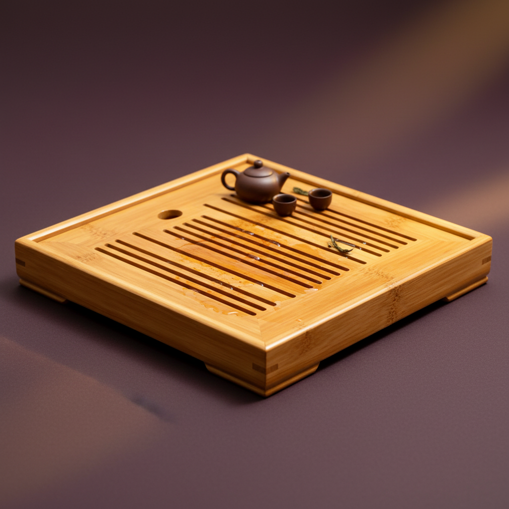 Large bamboo tea drainage tray with dark teapot and cups on a plum background