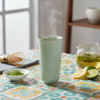 Tall pale celadon green tea cup on a colorful patterned table with citrus and a glass teapot