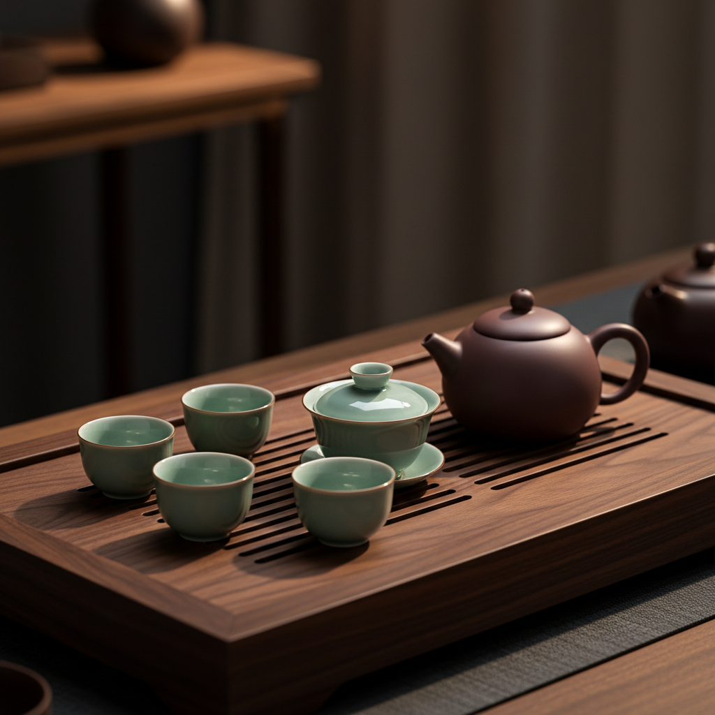 Pale celadon gaiwan and four matching cups on a dark walnut tea tray beside a plum teapot