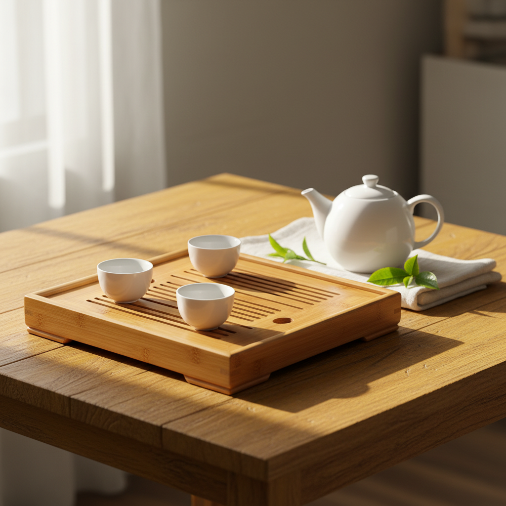 Large bamboo tea tray with raised frame and drainage slots on a wooden table with white teapot and cups