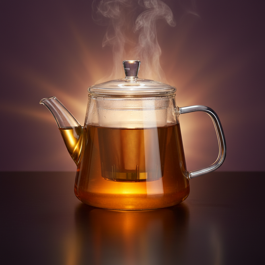 Clear glass infuser teapot filled with amber tea and steam against a plum background