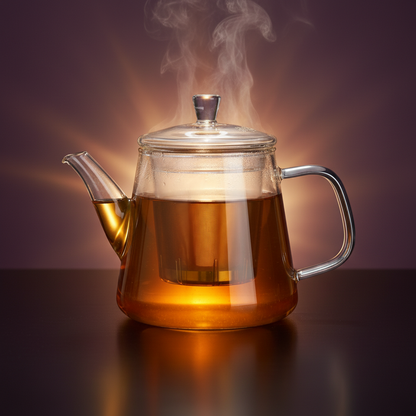 Clear glass infuser teapot filled with amber tea and steam against a plum background