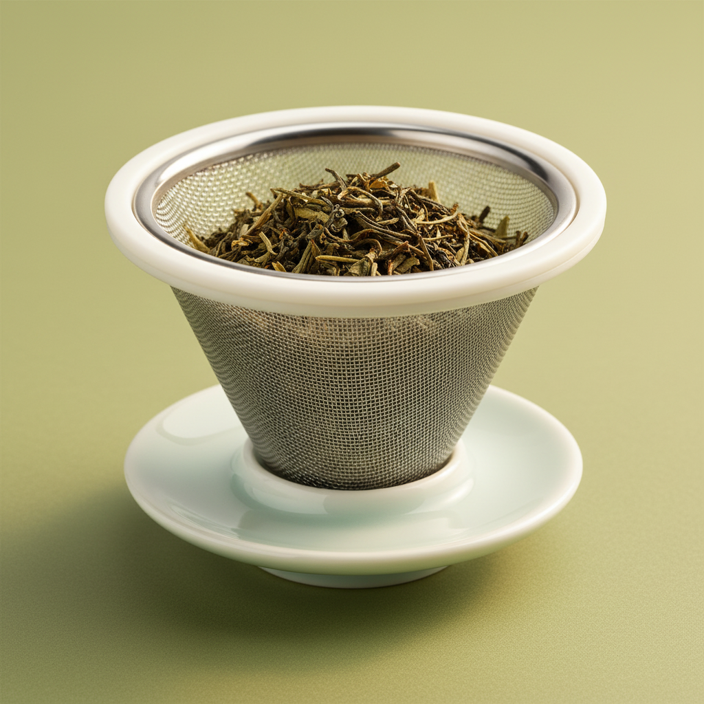 Close-up of the fine stainless-steel mesh basket and white ceramic saucer of a tea infuser