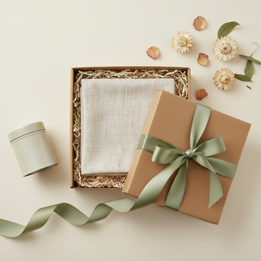 Natural ivory linen tea towel arranged in a kraft gift box with a sage ribbon