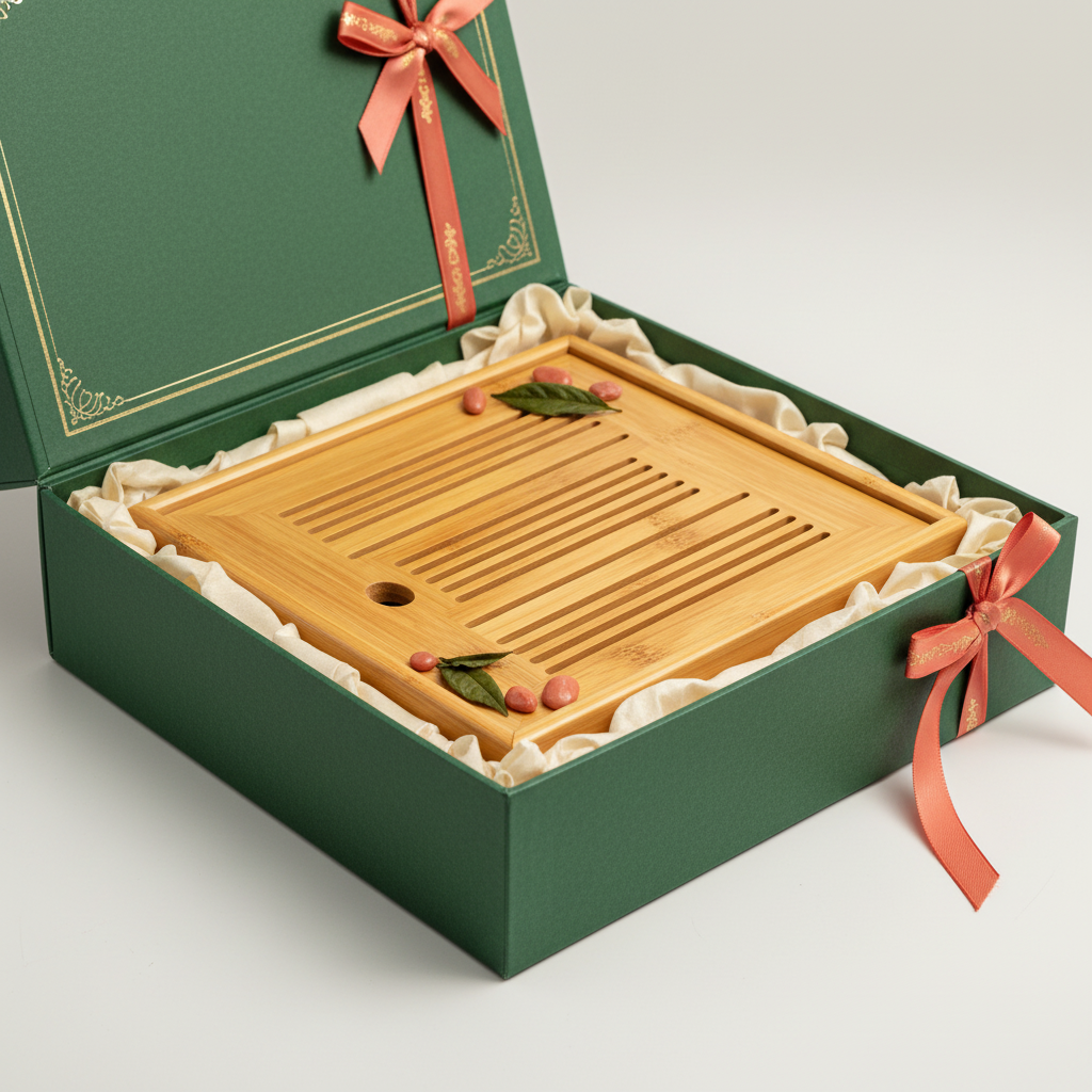 Large bamboo tea drainage tray with slots presented in an elegant green gift box