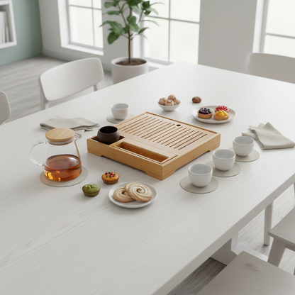 Large bamboo tea tray arranged on a bright dining table with glass teapot, cups and small pastries
