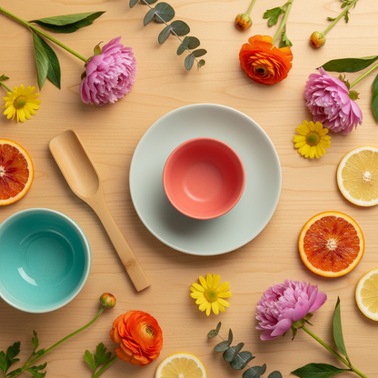 Pale celadon ceramic tea saucer paired with a coral cup among flowers, citrus and tea tools
