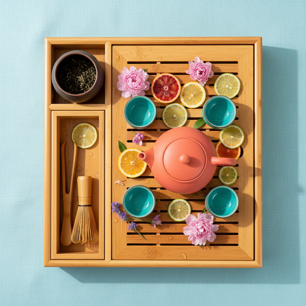 Large bamboo tea tray styled with a coral teapot, turquoise cups, citrus, flowers and bamboo tea tools
