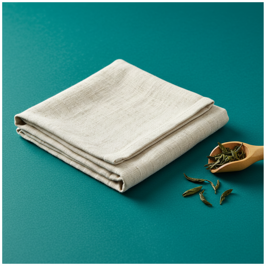 Close-up of the woven texture and folded edge of a natural ivory linen tea towel