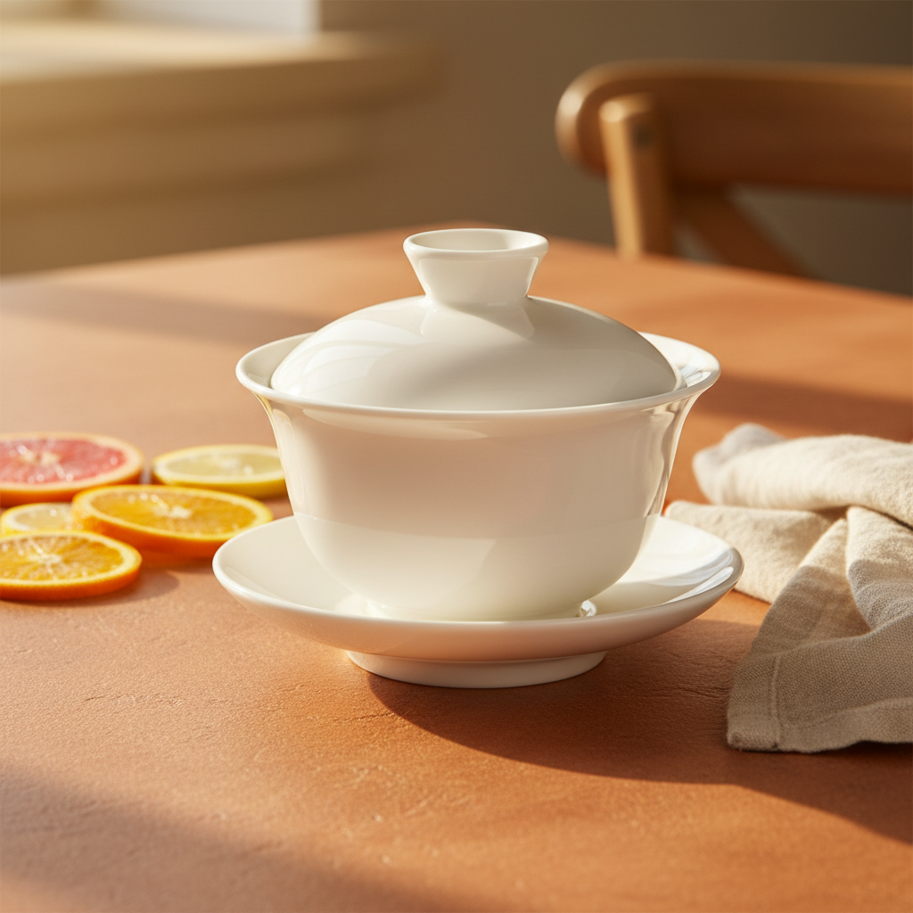 White covered serving bowl and saucer styled on a warm terracotta dining table with citrus