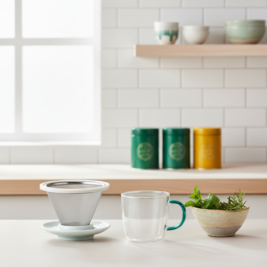 White ceramic tea infuser beside a glass mug and colorful tea tins in a bright modern kitchen
