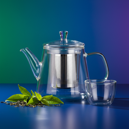 Clear glass teapot with visible infuser basket on a cobalt blue surface with green tea leaves