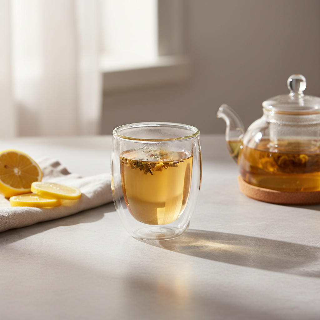 Clear double-wall glass tea cup filled with golden herbal tea beside lemon and a glass teapot