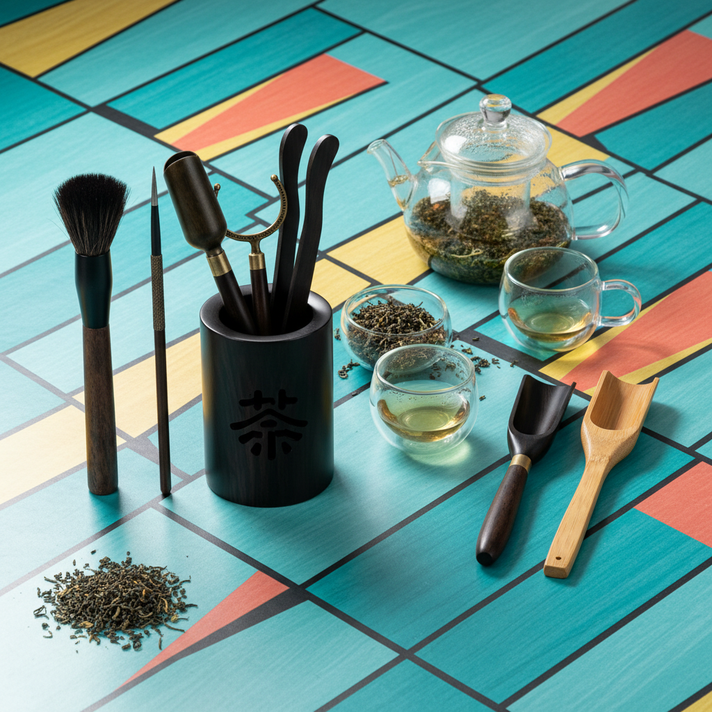 Black tea utensil holder and coordinated tools on a colorful table with glass teapot and tea cups