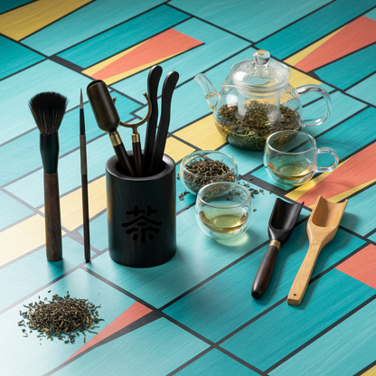 Black tea utensil holder and coordinated tools on a colorful table with glass teapot and tea cups