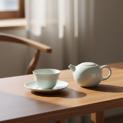 Pale celadon ceramic tea saucer holding a light teacup beside a teapot on a warm wooden tea table