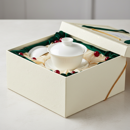 White covered serving bowl set arranged in an elegant gift box with green and red accents